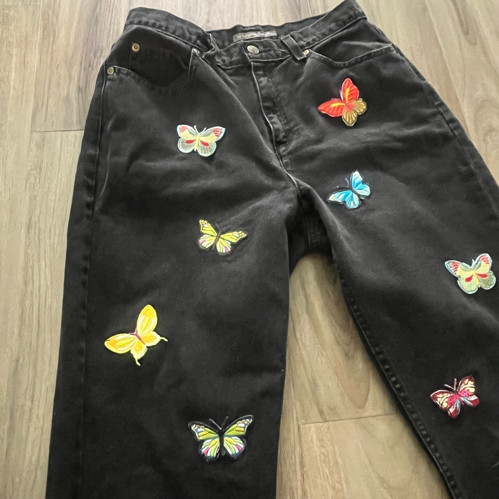 ONE OF A KIND l BLACK BUTTERFLY PATCHED UPCYCLED JEANS | Liz Claiborne